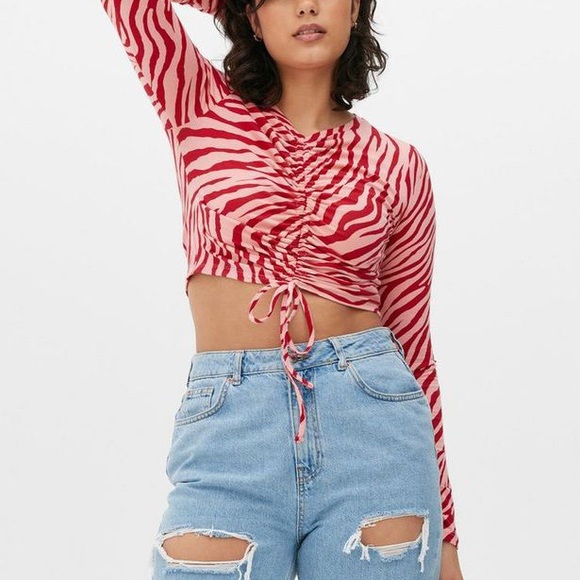 Primark Pink and Red Striped Ruched Long Sleeve Crop Top, Size Medium 12-14 - Picture 5 of 5